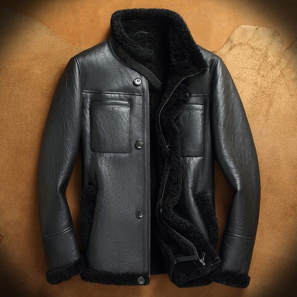 

2018 new fashion black men's shearling leather jacket b3 jacket original flying