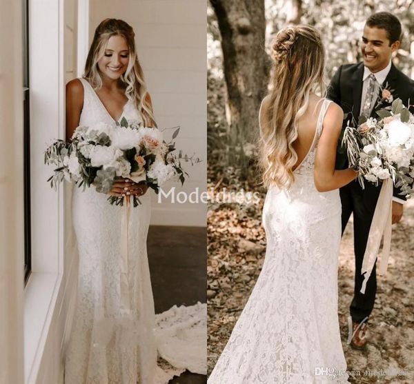 

country style full lace mermaid wedding dresses applique deep v neck backless sweep train wedding dress bridal gowns vestidos de novia, White