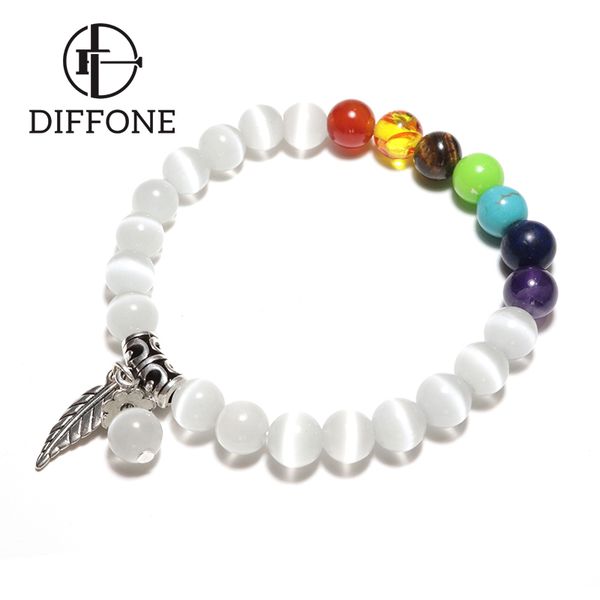 

diffone women chakra bracelet moonstone beaded braslet femme leaf pendant brazalete birthday gift for girlfriend, Black