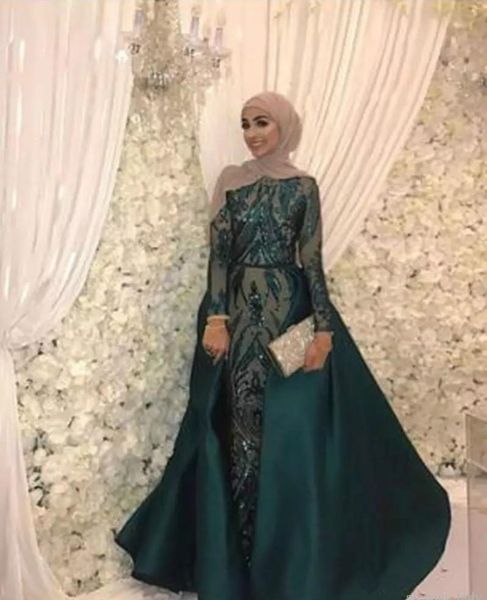 

Hunter Green Mermaid Evening Dresses with Detachable Train 2019 Applique Sequins Muslim Kaftan Caftan Abaya Dubai Prom Formal Dress