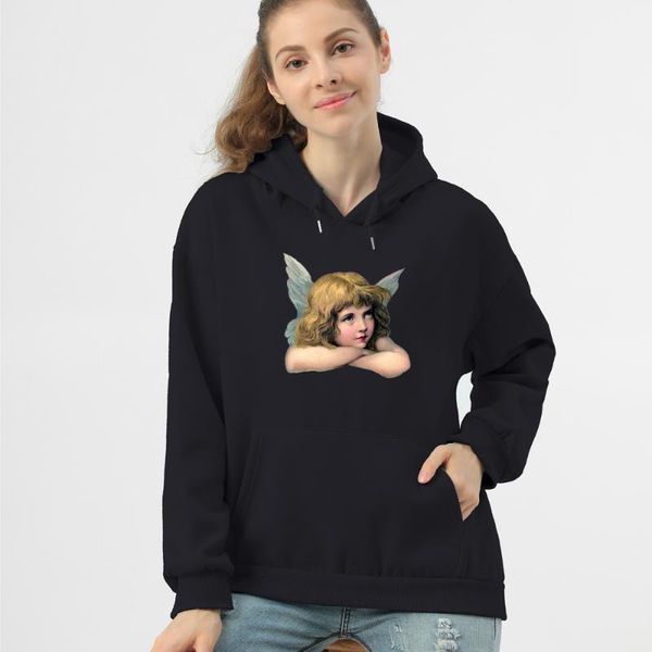 

women's hoodies & sweatshirts funny angel print korean style kawaii women winter warm pullover coat cotton sweatshirt punk streetwear w, Black