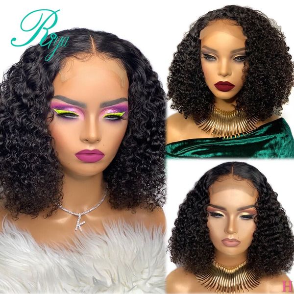 180density parte livre Kinky Curly peruca dianteira do laço Pré arrancada brasileira peruca cabelo curto preto sintético Perucas para a África Mulheres