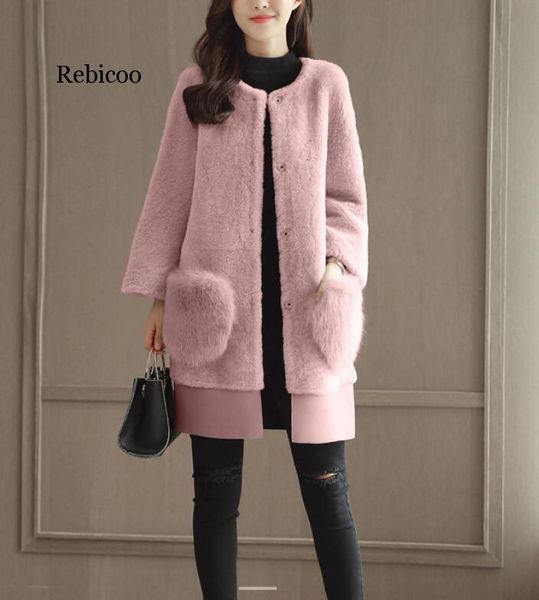 

women's fur & faux female winter solid color coat long slim fit girly cute fashion teddy, Black