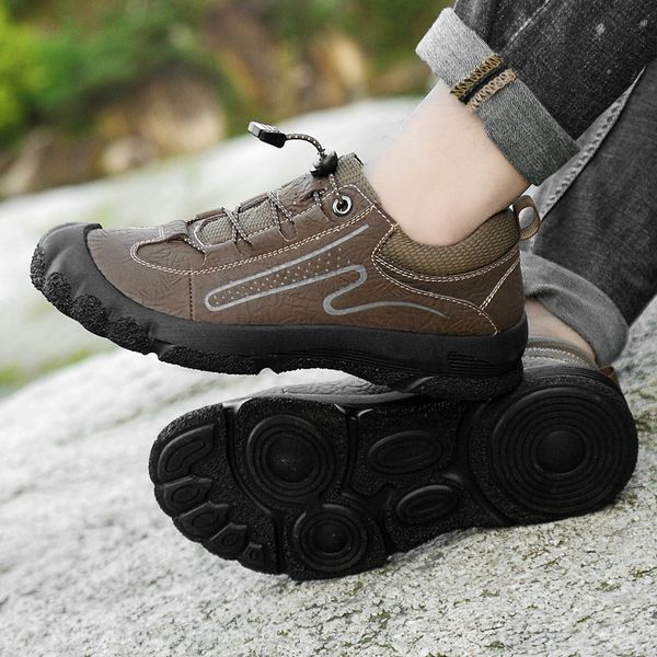 

genuine leather hiking shoes men slip on sneakers flat causal men shoes male footwear outdoor sports, Black