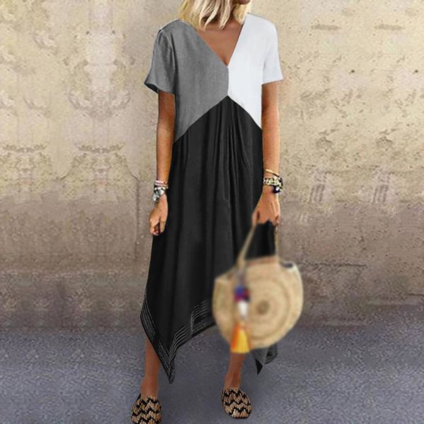 

summer loose dress v-neck short sleeve contrast color stitching irregular hem patchwork women dresses, Black;gray