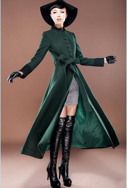 

new autumn and winter ultra long wool coat slim women cashmere woolen overcoat, Black