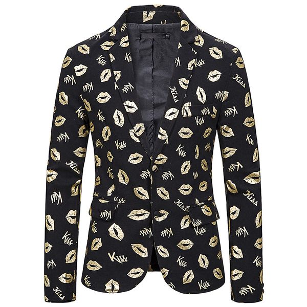 

men's shiny gold kiss lip print party suit jacket blazer notched lapel slim fit tuxedo blazer men prom stage clothes for singers, White;black