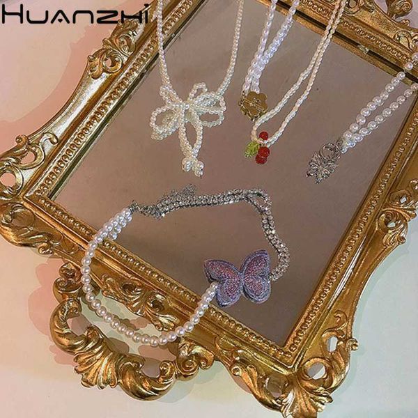 

huanzhi 2020 new purple butterfly cherry little golden flower pendant imitation pearls clavicle chain choker necklace for women, Golden;silver