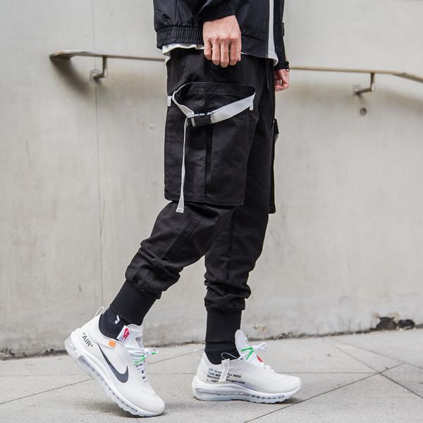 

men ribbons color block black pocket cargo pants 2019 harem joggers harajuku sweatpant hip hop trousers