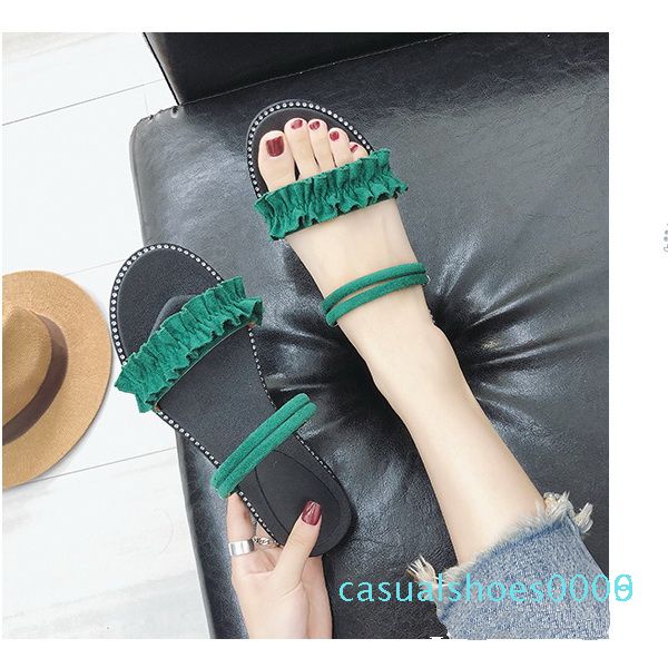 

new low heels suede women designer sandals lady fashion casual beach shoes female slippers green/khaki/black/pink color c06