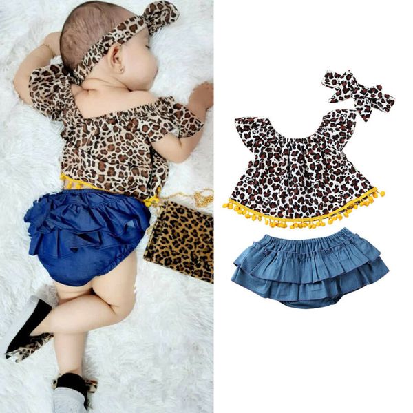

0-24m newborn toddler kids baby girl outfit clothes sets tassel leopard print pants headband set, White