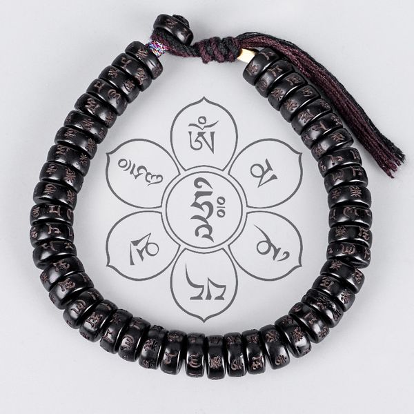 

tibetan buddhist handbraided brown black cotton thread lucky knots bracelet natural coconut shell bead carved mantra bangle, Golden;silver