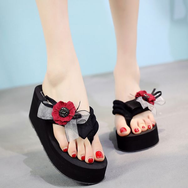 

6cm high heels summer women flip flops fahion outside flower wedges slippers bowtie women slippers, Black