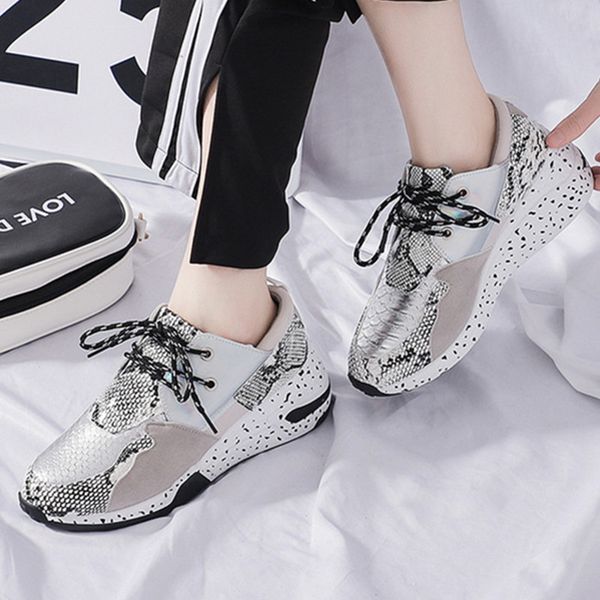 

women shoes autumn 2019 leather sneakers women platform trainers ankle increase shoes ladies casual snake pattern female, Black