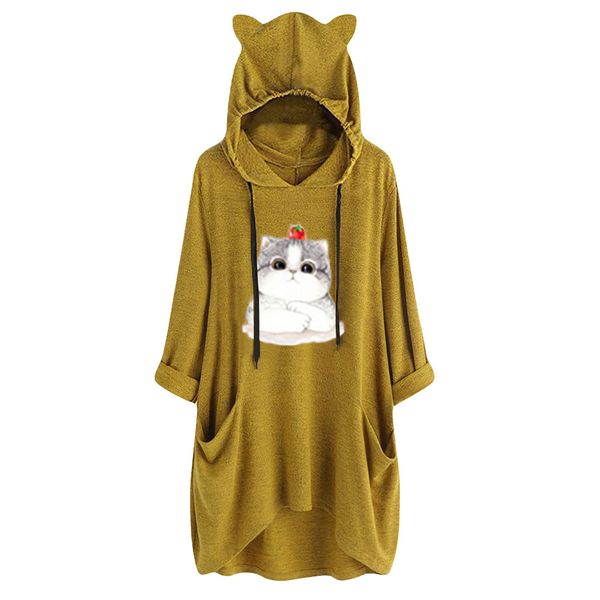 

shopping casual cute soft pockets party daily drawstring cat printed long sleeve pullover loose autumn women hoodie, Black