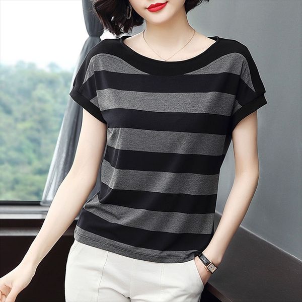 

pure cotton short-sleeved t-shirt nv xia zhuang loose l striped shirt bats ban xiu shan 2020 mom women blouse, White