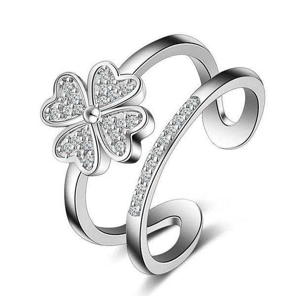 

double layer heart cute lucky 4 leaf clover opening rings for women 925 sterling silver jewelry dropshipping s-r193, Slivery;golden