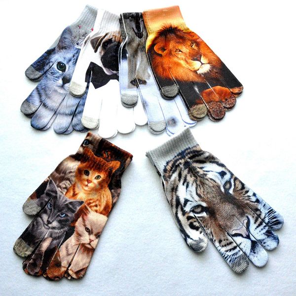 

lovely animals digital pattern cat winter elastic knit touch screen gloves men women warm full finger dancing gloves b48, Blue;gray