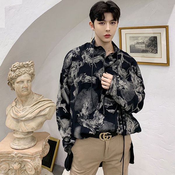 

camisas masculinas de tamanho grande de manga comprida moda impressão padrão vintage, White;black