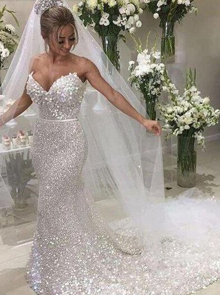 

sparkle white sequin applique strapless mermaid wedding dresses train luxury paillette lace wedding bridal gowns vestidos de novia