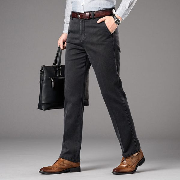 

spring autumn men jeans high waist straight fit denim long pants hombre business jeans stretch middle-aged classical men, Blue