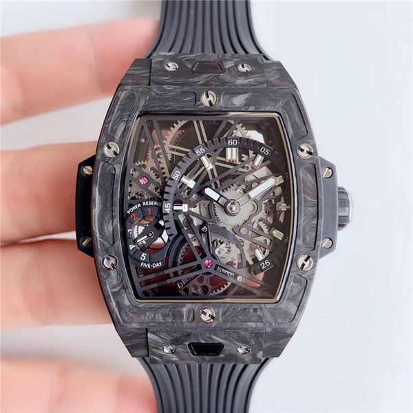 

male tourbillon manual mechanical movement watch by 42mm hollow wine barrel dial carbon fiber material black sapphire crystal, Slivery;brown