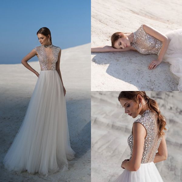 

lussanobridal beach wedding dresses 2019 high neck illusion crystal bridal gown sleeveless zipper back plus size a line wedding dress, White