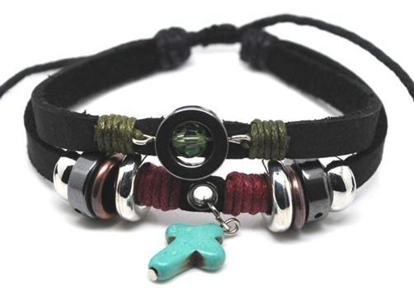 

g0310 fashion handmade ethnic leather wrap bracelets for man and woman with small blue cross charm bracelet, Golden;silver