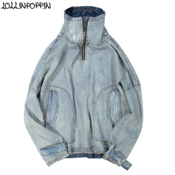 

men retro half zip denim coat garment washed mens vintage oversize denim jacket high street pullovers drop shoulder jean jackets, Black;brown