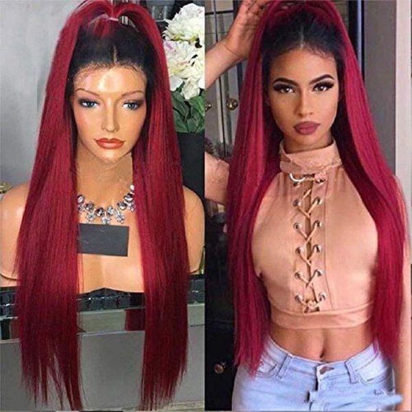 

rongduoyi ombre red lace front wigs with middle parting for women synthetic hair long straight wig glueless heat fiber hair, Black