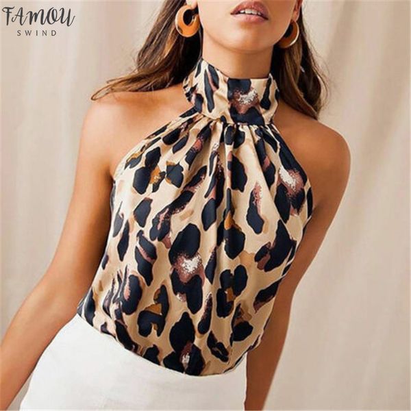 

bare shoulder leopard blouse chiffon women summer 2019 animal print casual backless sleeveless shirts female blusas, White