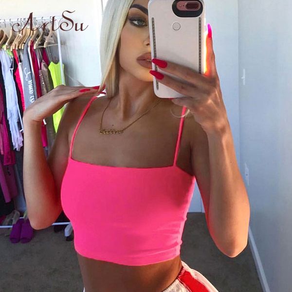 

fluorescente green pink crop camis women mujeres bodycon spaghetti strap camisole femme casual vest asve60003, White