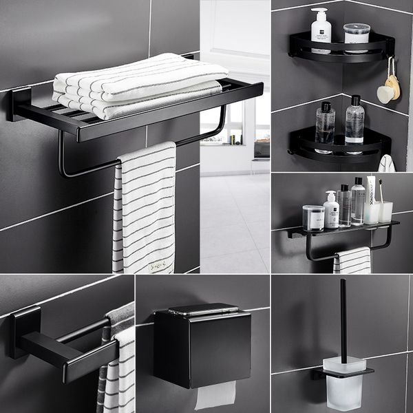 

bathroom accessories towel rack towel bar paper holder corner shelf toilet brush holder robe hooks black bathroom hardware set