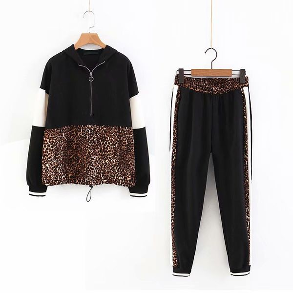 

women-s leopard patchwork sweatshirts pants sets ladies running jackets animal print coats striped trousers joggers sweatpants, White