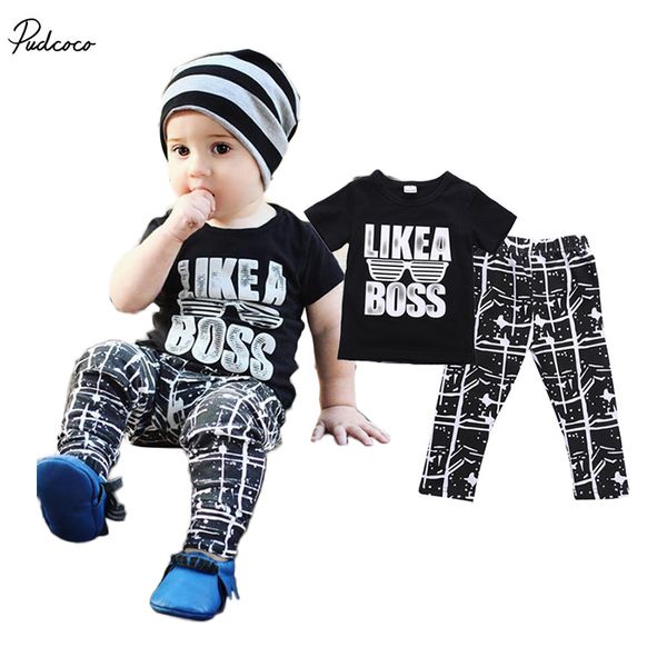 

summer babies boy letter casual t-shirt+pants 2pcs outfit baby kids boys cool boss outfits short sleeve summer cotton clothes, White