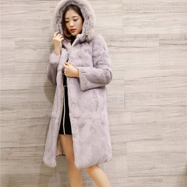 

95 cm long real fur collar hooded natural fur coats outerwear women fashion genuine leather jackets autumn winter, Black