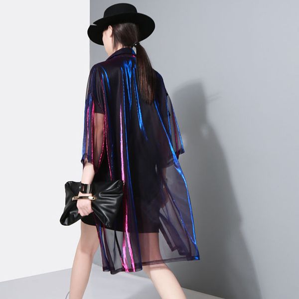 

прозрачные пальто для женщин лазерного нагрудные воротника три четверти рукава длинной ветровка 2019 весна лето tide, Tan;black