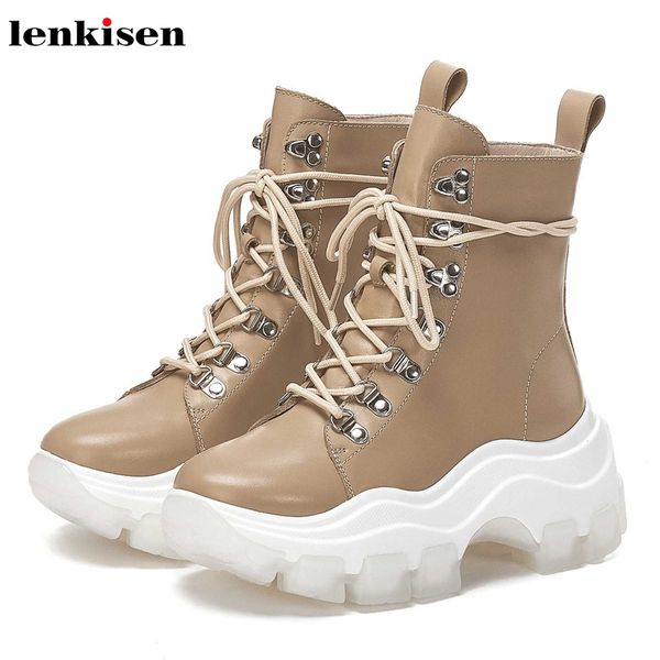 

lenkisen thick bottom platform fashion genuine leather round toe solid lace up rivets winter women leisure style ankle boots l12, Black