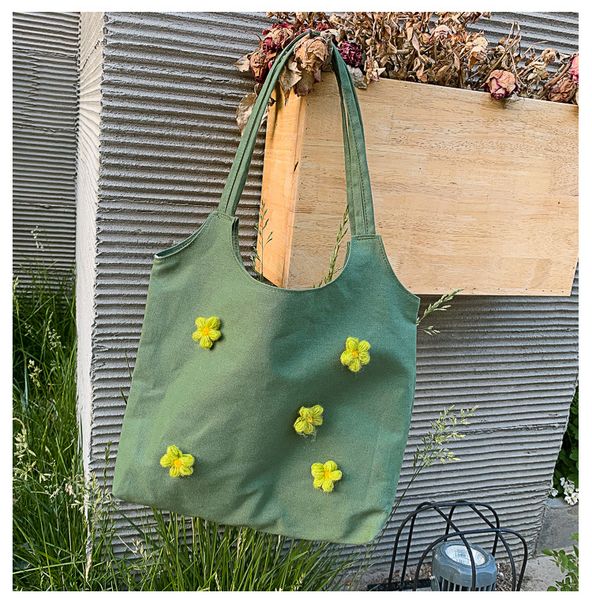 

oriental canvas shopping school college tote shoulder bag large capacity with young flower embroidery