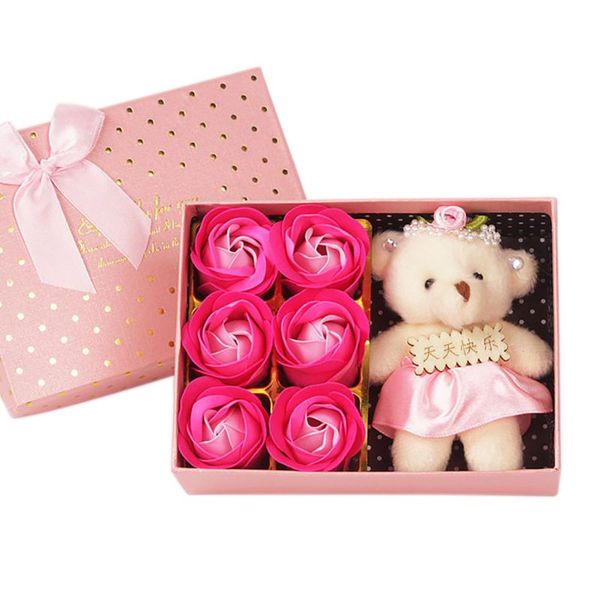 

6pcs scented soap rose flowers with bear doll gift box wedding party decoration gifts bath body soaps valentine's day gifts