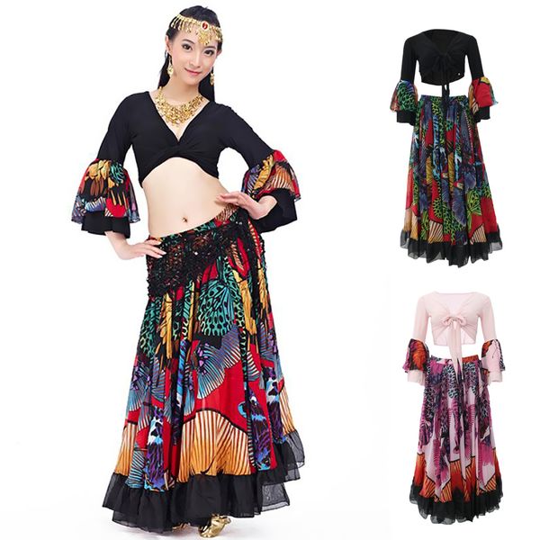 

gypsy long dress belly dance maxi skirt set bollywood dancing costumes, Black;red