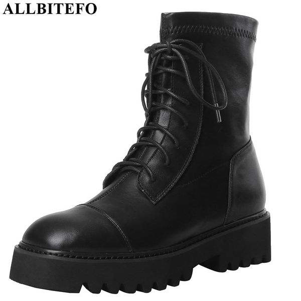 

allbitefo natural genuine leather+elastic material women boots autumn winter frenulum ankle boots simple style, Black