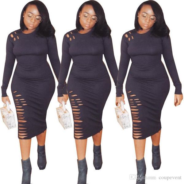 

женщины осень 2019 одежды осень мода bodycon платье с длинными рукавами o-шея впадин вскользь платье, Black;gray