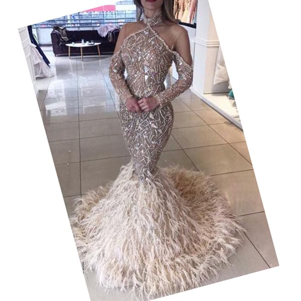 Luxo Beading Pena Sexual Sereia Vestido de Baile Médio Oriente Arabia Senhora Prom Evento Partido Desgaste Custom Made Mangas Compridas Maxi Vestidos Vestidos