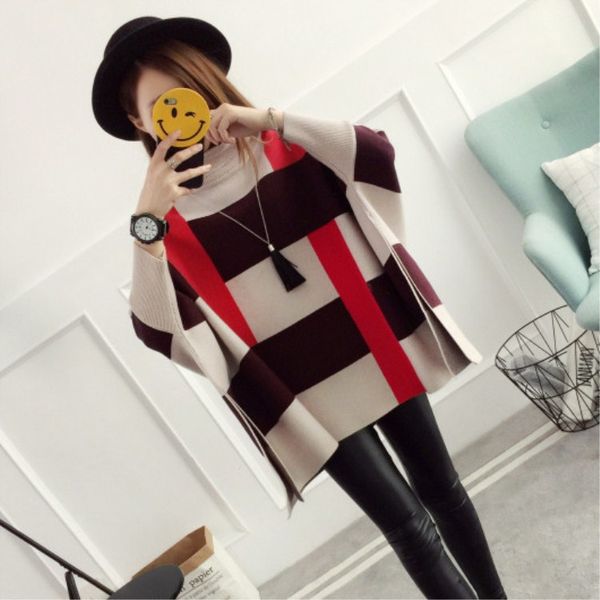

2019 autumn and winter new sweater color matching head cloak shawl bat sweater coat female, White;black
