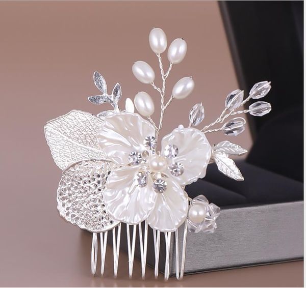 

pearl hair comb hand-woven leaf headdress bride wedding headdress, Silver