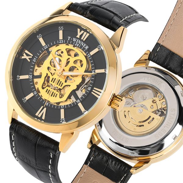 

skeleton mechanical men's watch genuine leather automatic steampunk cool skull display man clock luxury mens watches reloj, Slivery;brown