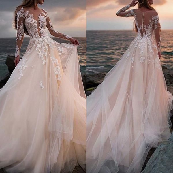 

stunning champagne tulle wedding dress beach appliques a line bridal gown with illusion lace long sleeves vestido de novia, White