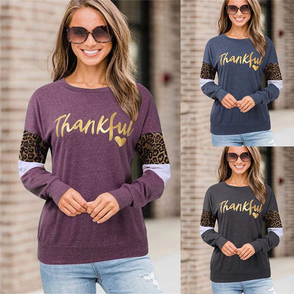 

thankful printed womens desisgner tshirt leopard panelled long sleeve womens casual ladies apparel new arrival, White