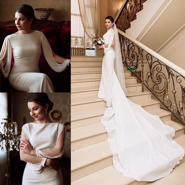 

elegant satin mermaid wedding dresses jewel neck long sleeve tassels sweep train beach wedding gowns buttons back boho vestido de novia, White